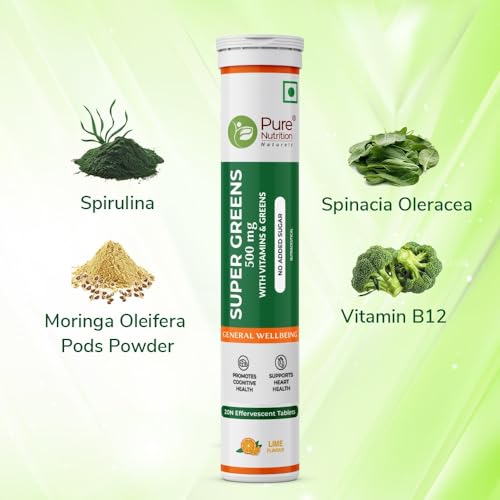 Pure Nutrition Super Greens 20 Effervescent Tablets with Moringa, Spirulina, Arjuna Leaf Extract, Vitamin B1, B3, B5, B6, B12 | 14+ Vitamins, Herbs, Superfoods & Antioxidants for Immunity & Overall Wellbeing