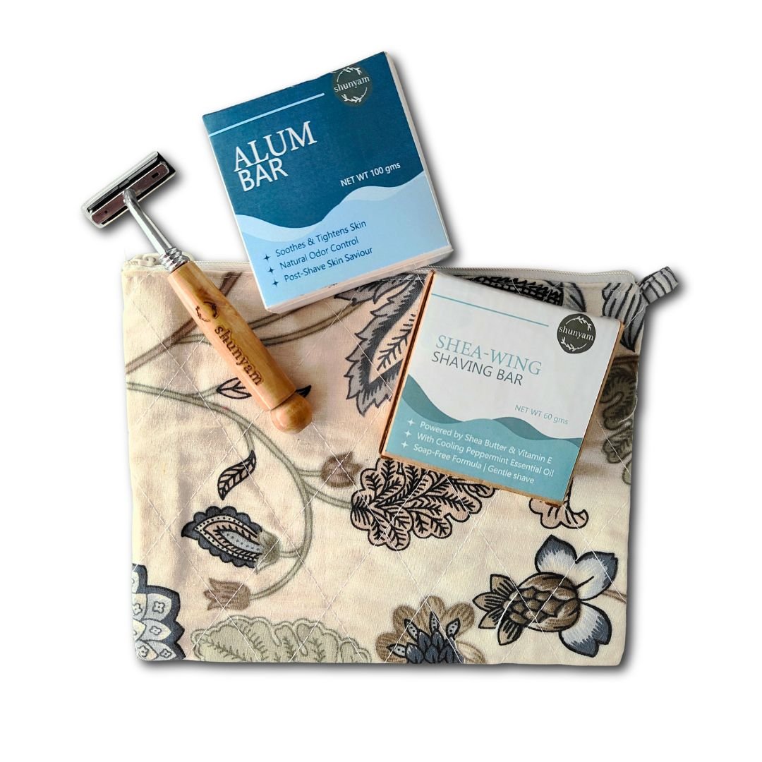 Sustainable Grooming Combo | Bamboo Razor + Natural Shaving Bar + Alum Aftershave Bar + Upcycled Cotton Pouch - Suspire
