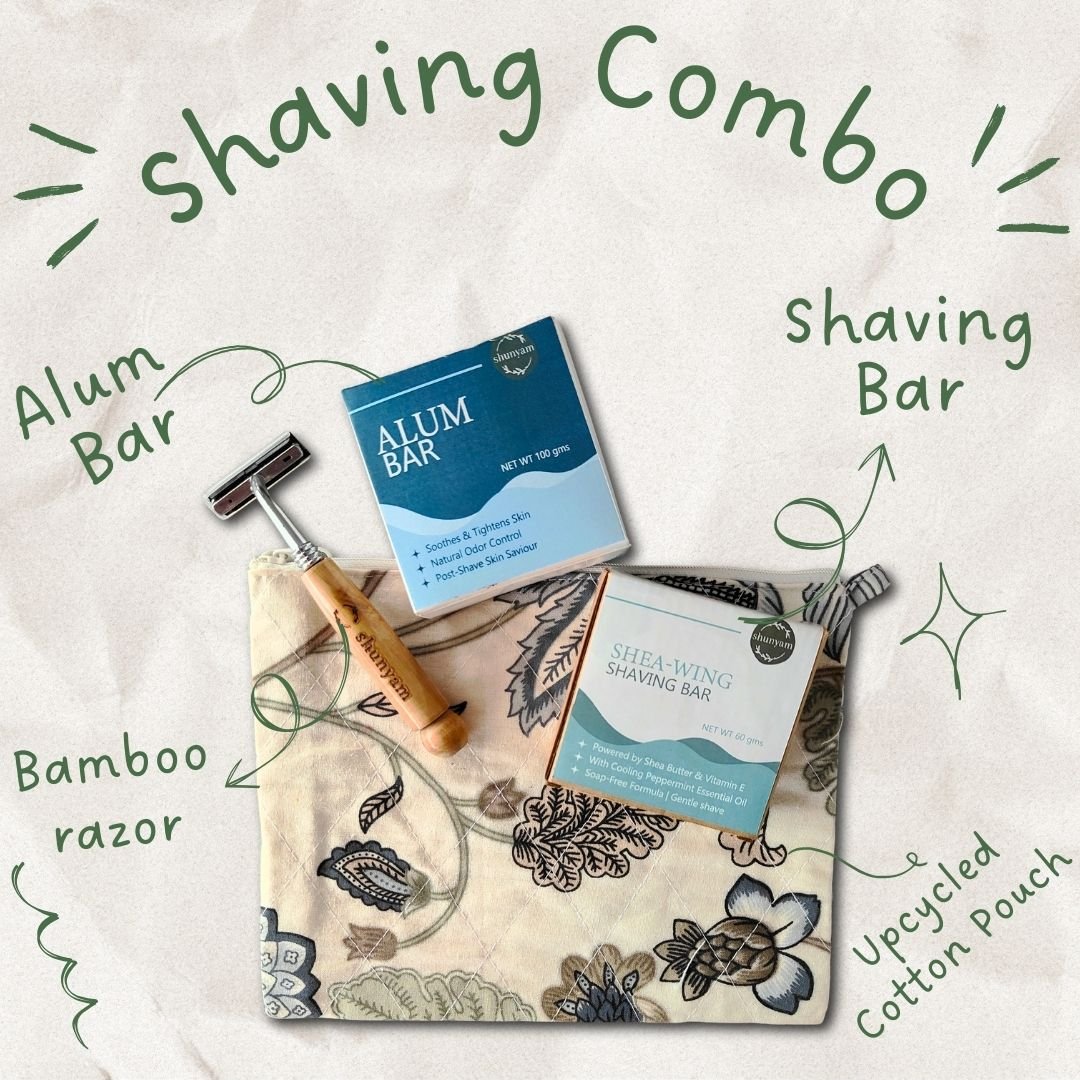 Sustainable Grooming Combo | Bamboo Razor + Natural Shaving Bar + Alum Aftershave Bar + Upcycled Cotton Pouch - Suspire