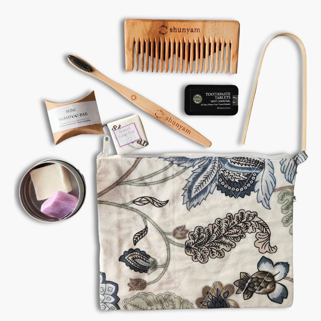 Sustainable Travel Kit| Bamboo Brush, Tongue Cleaner, Soap, Shampoo Bar, Neem Comb, Toothpaste Tabs, Cotton Pouch - Suspire