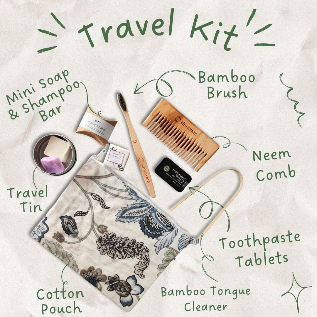 Sustainable Travel Kit| Bamboo Brush, Tongue Cleaner, Soap, Shampoo Bar, Neem Comb, Toothpaste Tabs, Cotton Pouch - Suspire