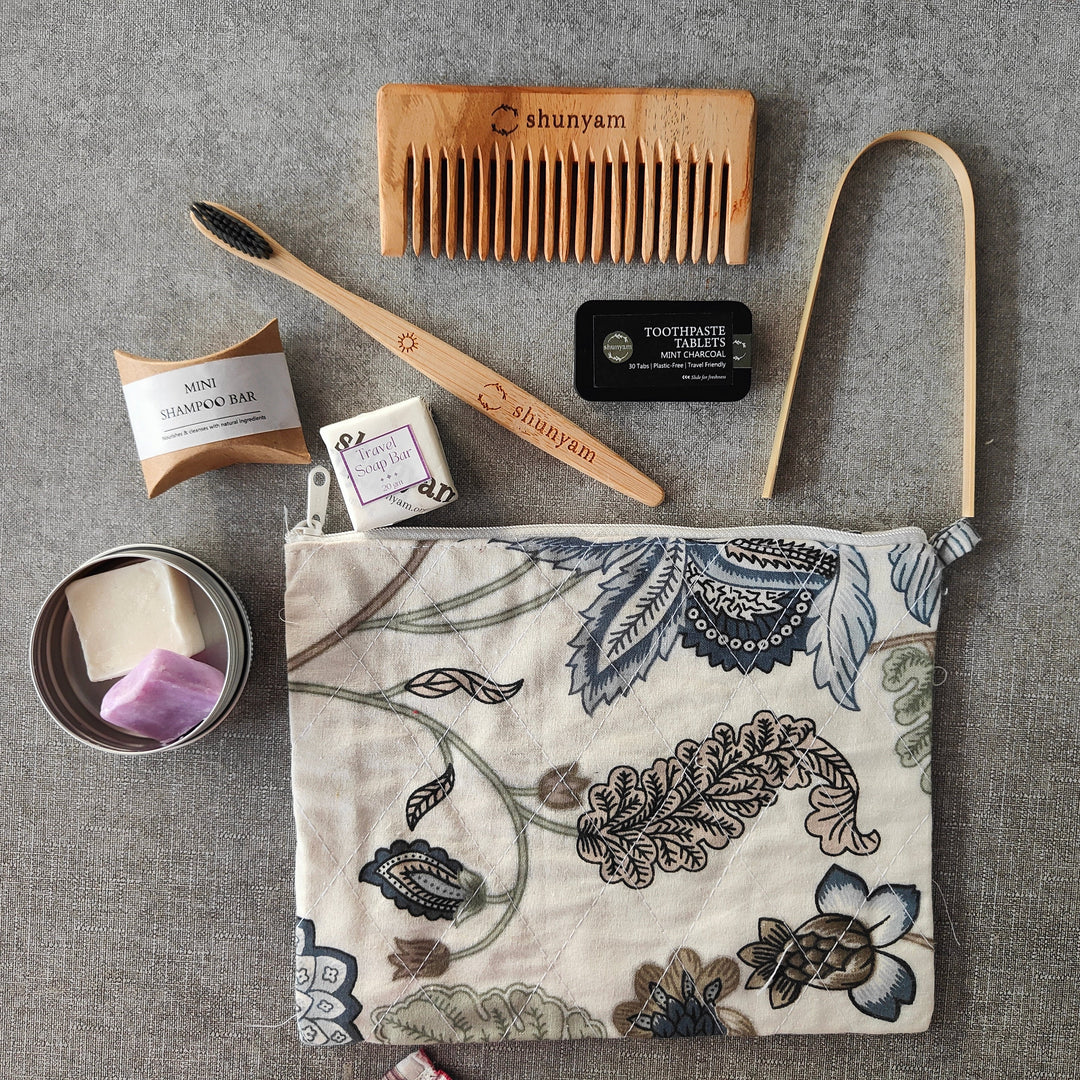 Sustainable Travel Kit| Bamboo Brush, Tongue Cleaner, Soap, Shampoo Bar, Neem Comb, Toothpaste Tabs, Cotton Pouch - Suspire