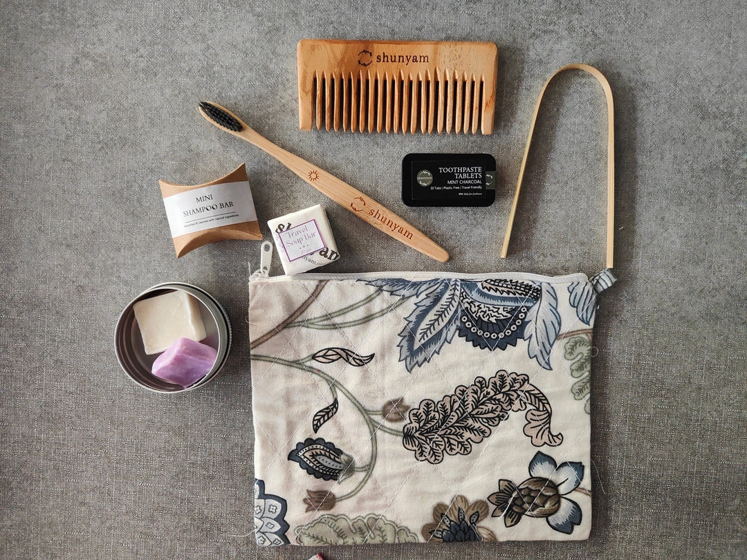 Sustainable Travel Kit| Bamboo Brush, Tongue Cleaner, Soap, Shampoo Bar, Neem Comb, Toothpaste Tabs, Cotton Pouch - Suspire