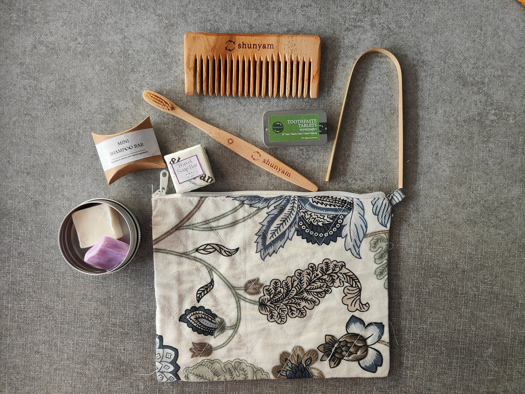 Sustainable Travel Kit| Bamboo Brush, Tongue Cleaner, Soap, Shampoo Bar, Neem Comb, Toothpaste Tabs, Cotton Pouch - Suspire