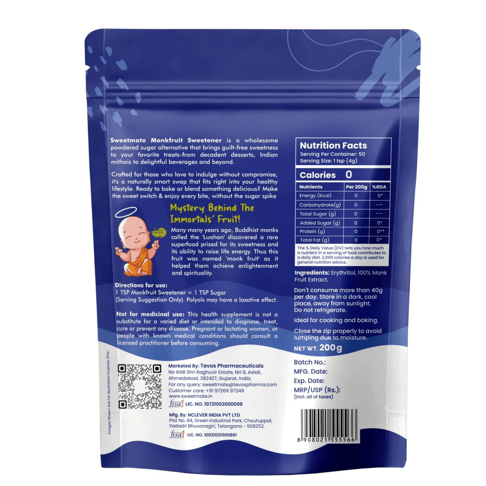 Sweetmate Monk Fruit Natural Sweetener | 1:1 Sugar Substitute | Zero Calorie, Keto & Diabetic Friendly | Plant-Based Sugar Alternative for Cooking, Baking & Beverages | 200g