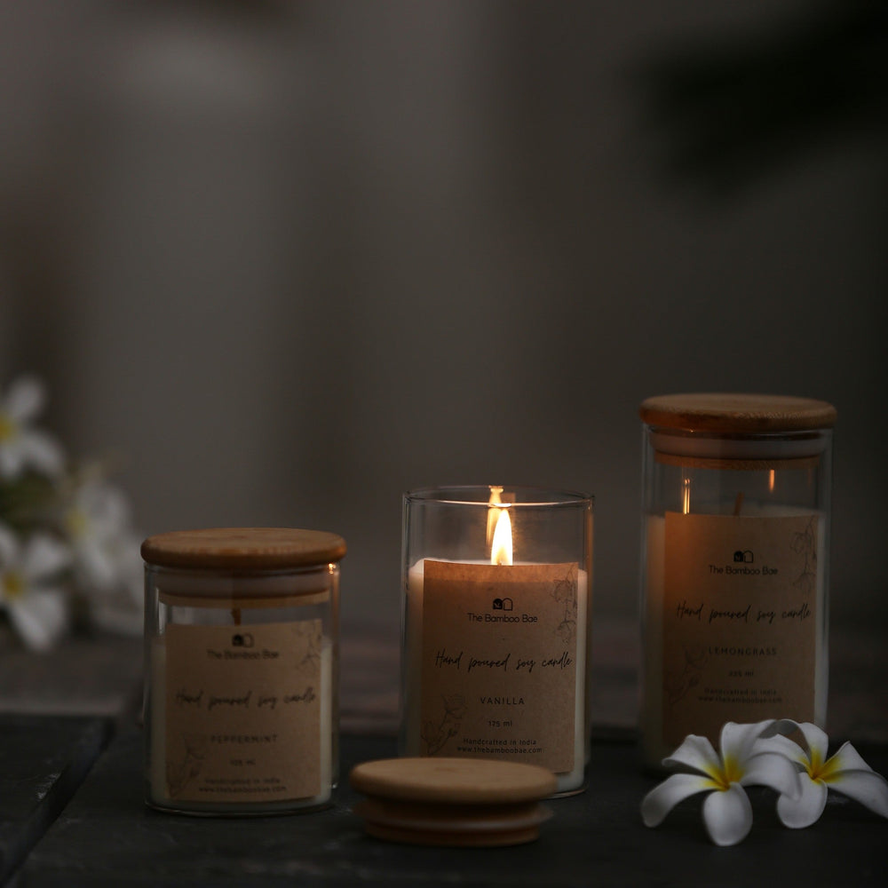 Bamboo Lid Jar Soy Candles | Set of 3 | Peppermint | Vanilla | Lemon Grass
