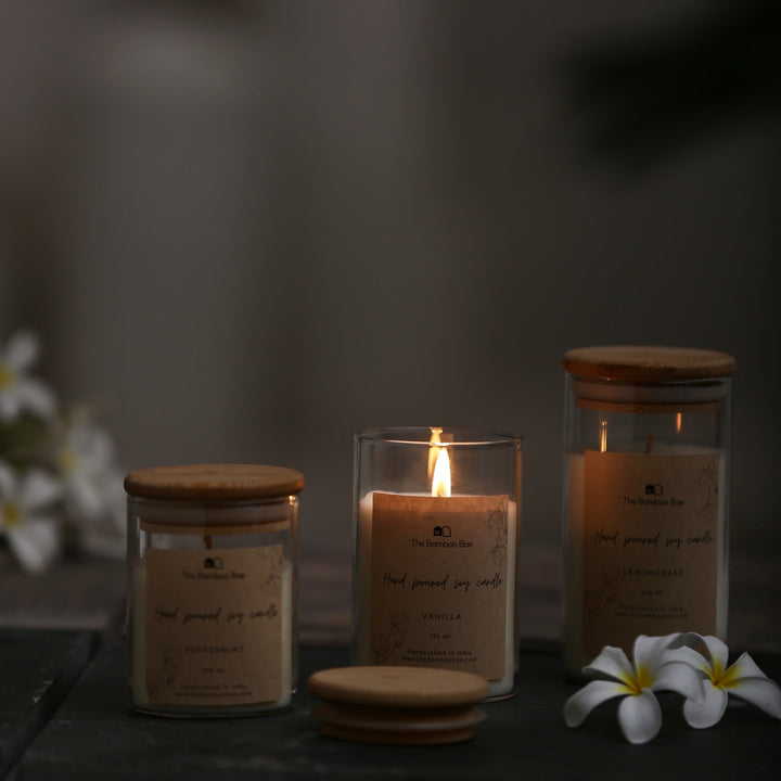 Bamboo Lid Jar Soy Candles | Set of 3 | Peppermint | Vanilla | Lemon Grass