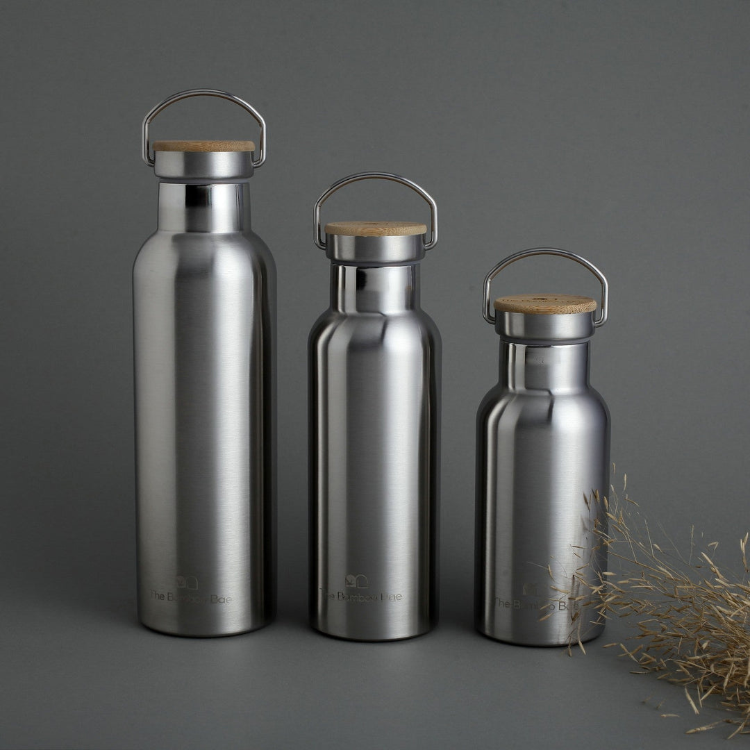 Reusable Thermos Stainless Steel Bottle with a Bamboo Lid | Double Wall 304 SS