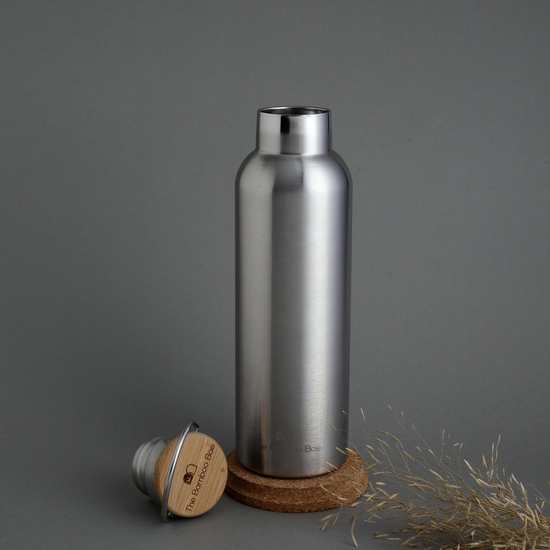 Reusable Thermos Stainless Steel Bottle with a Bamboo Lid | Double Wall 304 SS