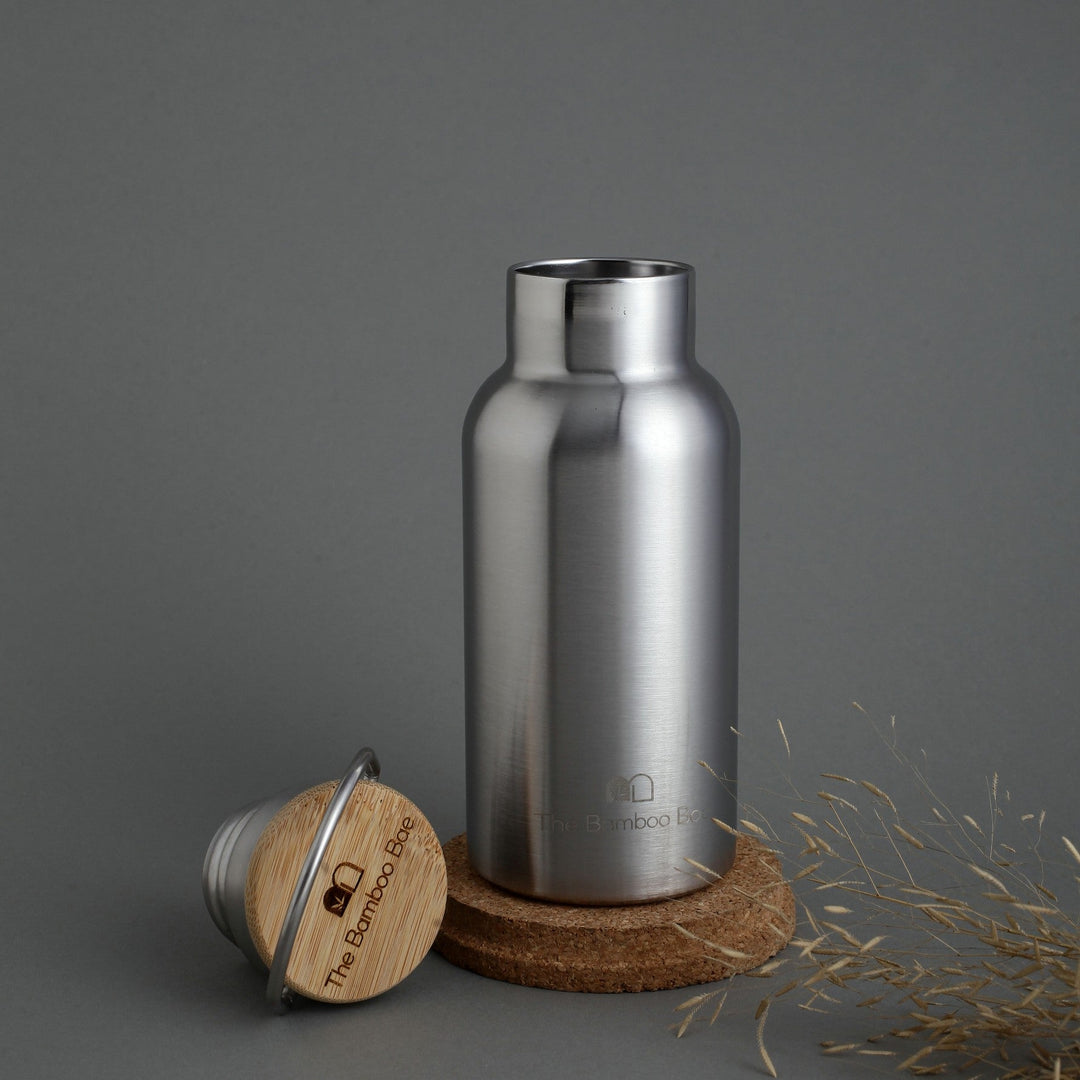Reusable Thermos Stainless Steel Bottle with a Bamboo Lid | Double Wall 304 SS