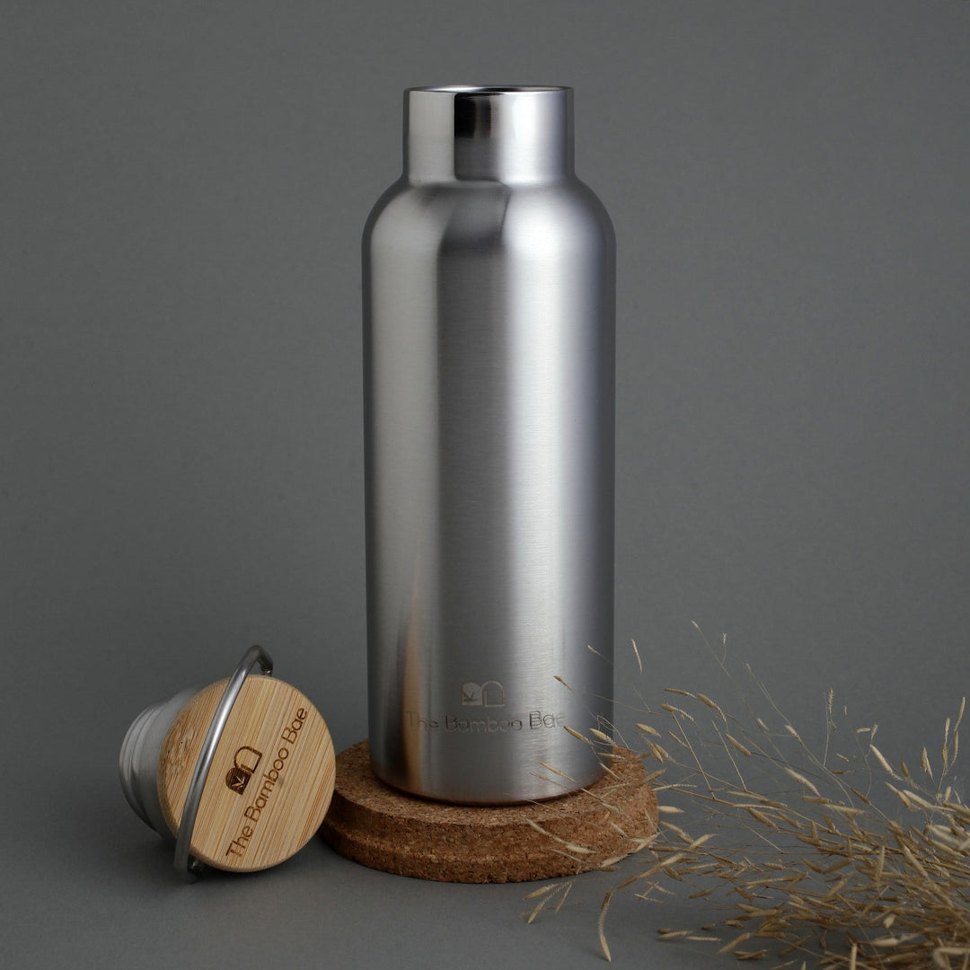Reusable Thermos Stainless Steel Bottle with a Bamboo Lid | Double Wall 304 SS