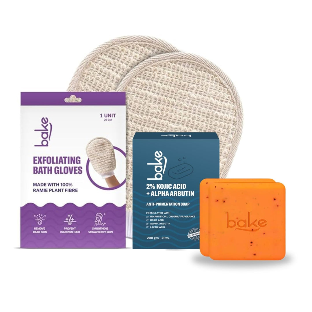 Tan Removal Exfoliating Bath Kit - 100% Ramie Plant Fibre Gloves + Kojic Acid Soap (2 Pcs) with Scrub Treatment - Suspire