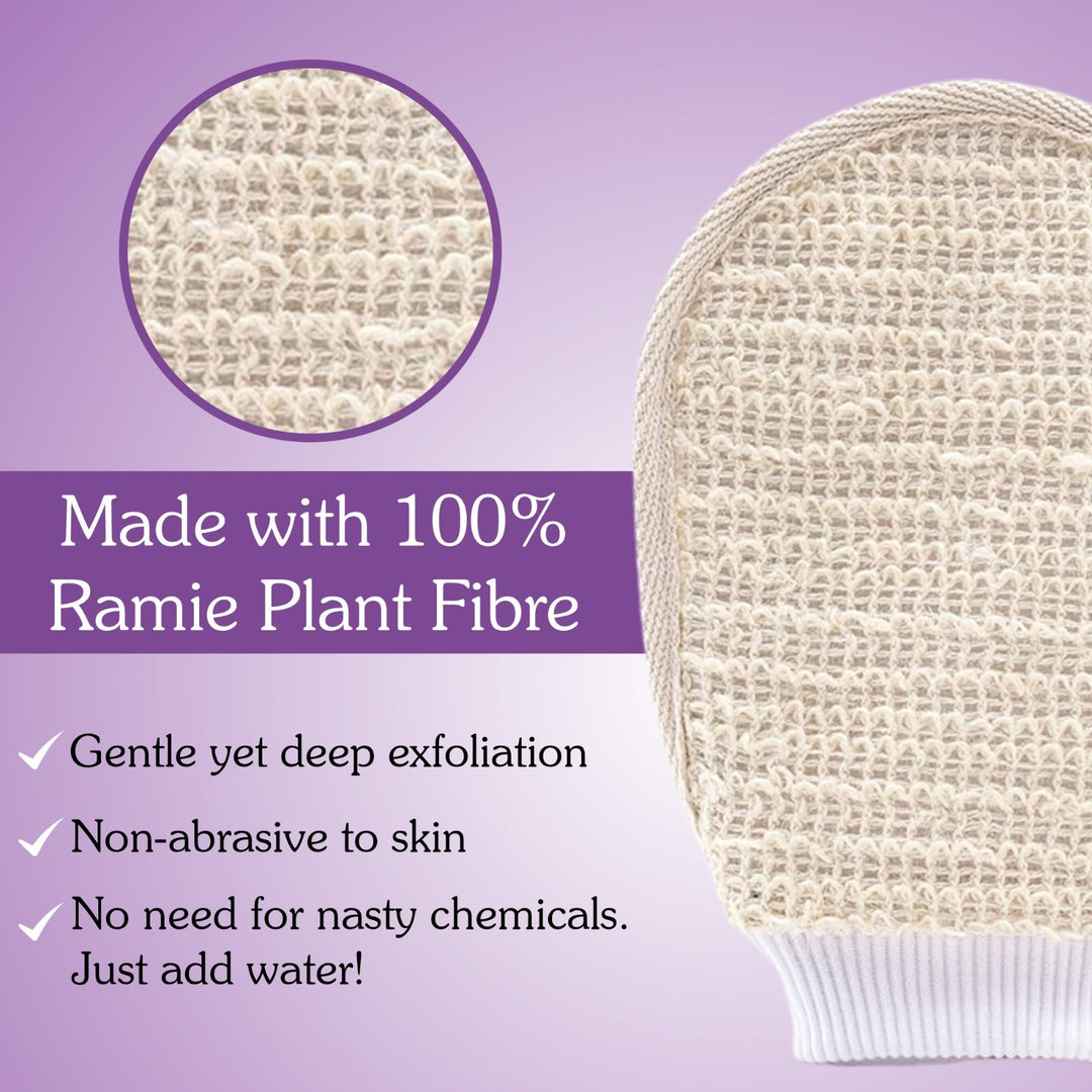 Tan Removal Exfoliating Bath Kit - 100% Ramie Plant Fibre Gloves + Kojic Acid Soap (2 Pcs) with Scrub Treatment - Suspire
