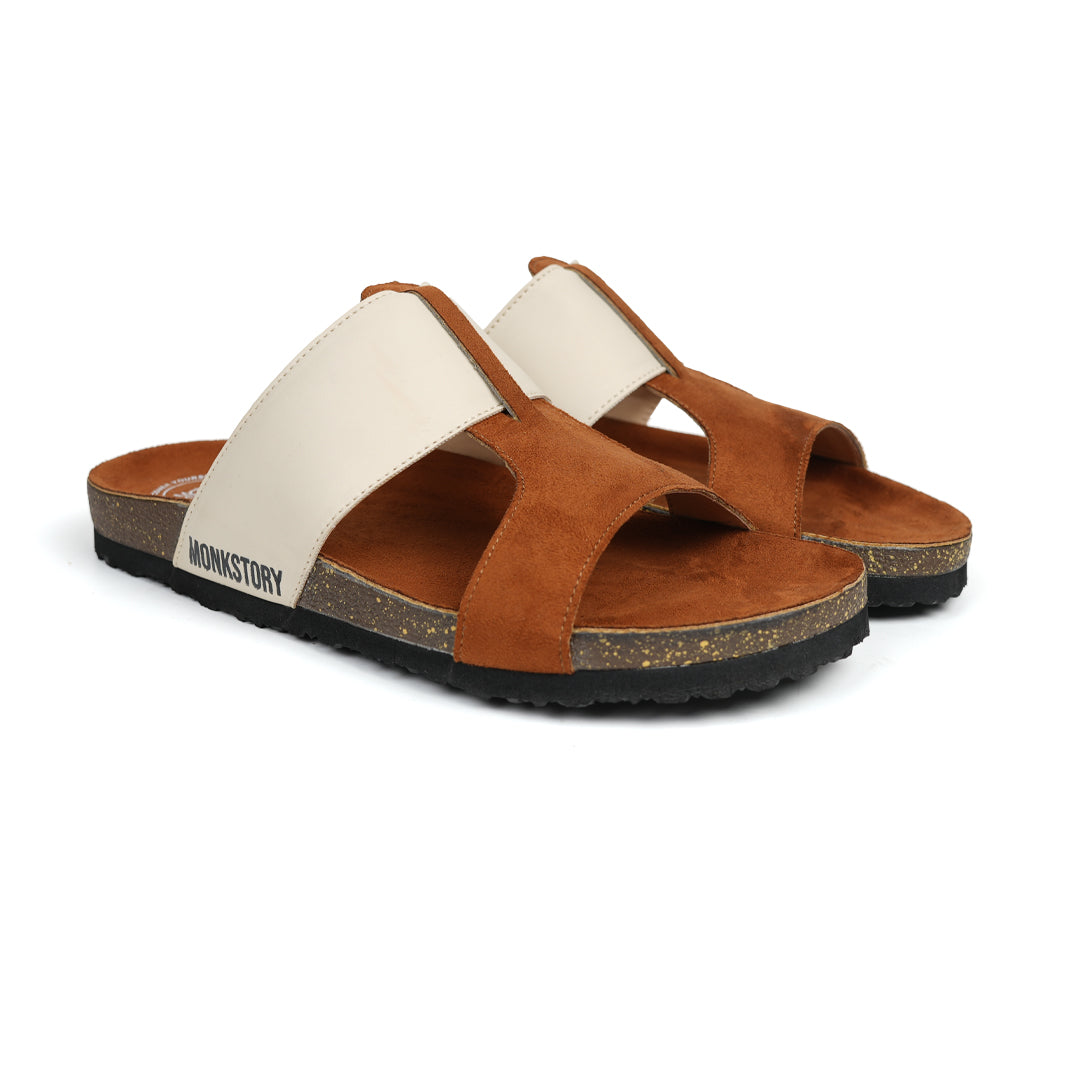 Monkstory Cork Cross-Strap Sandals - Tan and cream