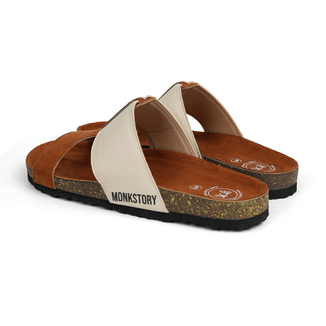 Monkstory Cork Cross-Strap Sandals - Tan and cream