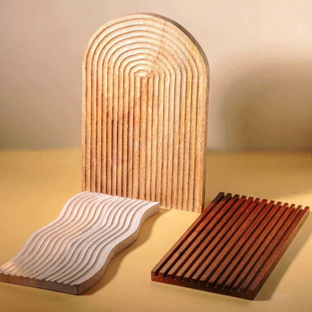 Araana Home Taarash Set of 3 Striped Platters, Zig Zag, Rectangle and U Shaped