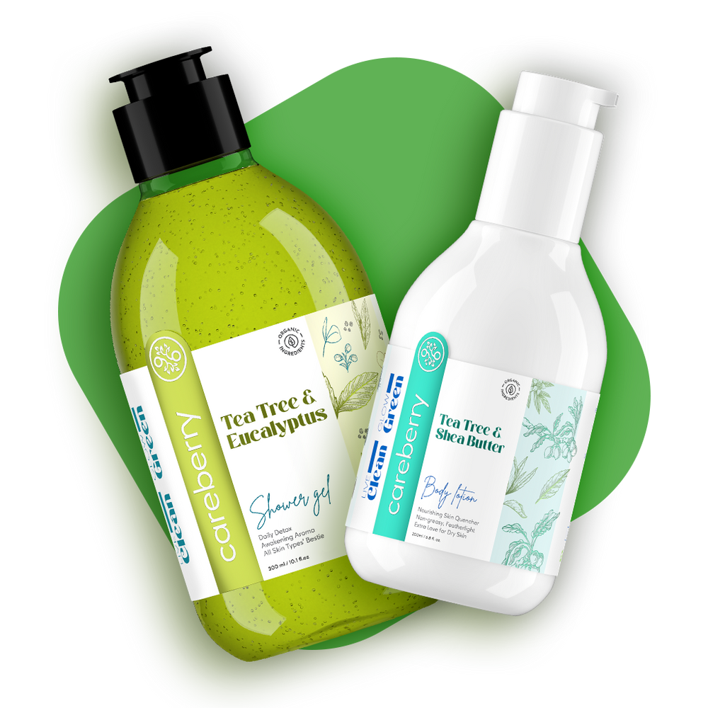 Careberry Tea Tree Oil Shower Gel & Body Lotion Combo For Extra Dry Skin | Ayurvedic, Sulphate & Paraben Free | For Men & Women | 300ml Shower Gel & 200ml Body Lotion