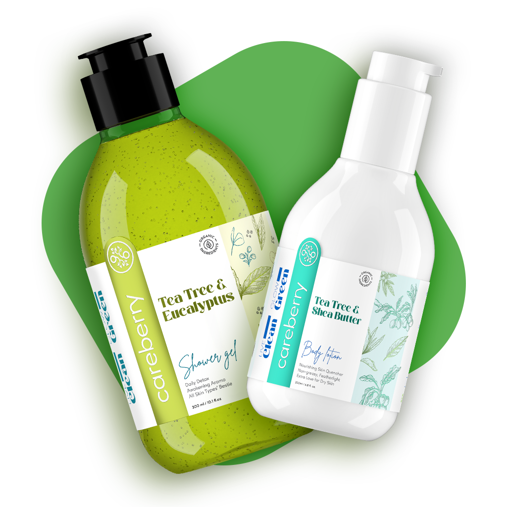 Careberry Tea Tree Oil Shower Gel & Body Lotion Combo For Extra Dry Skin | Ayurvedic, Sulphate & Paraben Free | For Men & Women | 300ml Shower Gel & 200ml Body Lotion