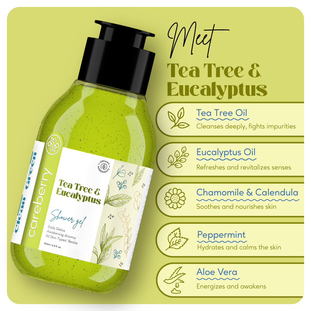 Careberry Tea Tree & Eucalyptus Oil Shower Gel, For Daily Detox, Ayush Certified Ayurvedic, Sulphate & Paraben Free