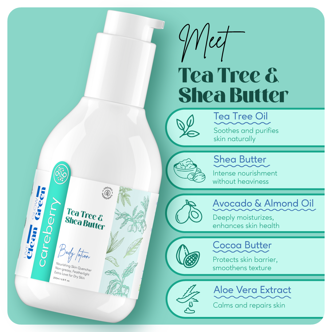 Careberry Tea Tree Oil & Shea Butter Nourishing Body Lotion| For Extra Dry Skin, 200ml