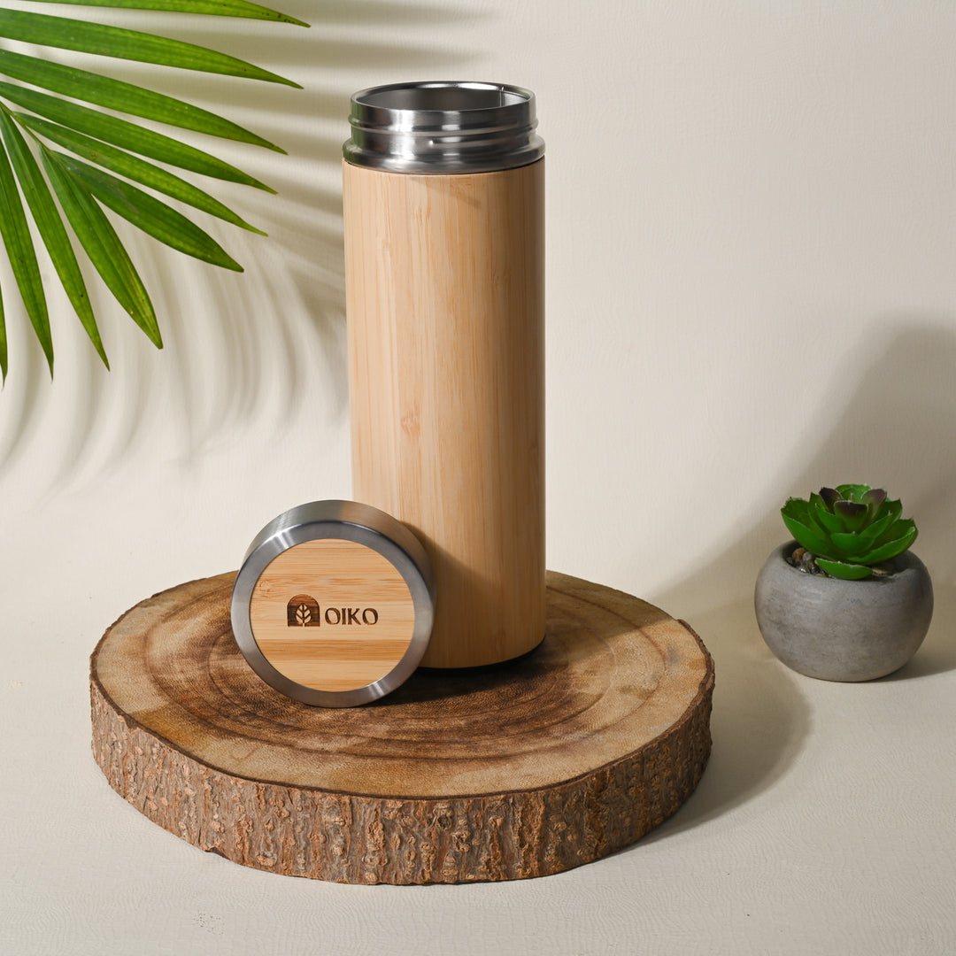OIKO Bamboo Stainless Steel Water Bottle (Insulated) 500 ML