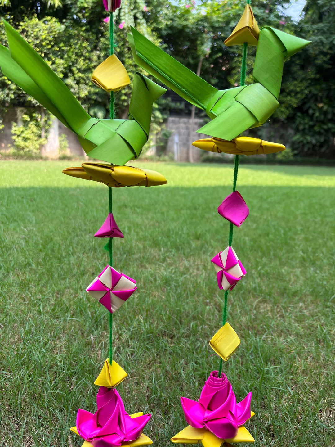 Shuddh Natural Hand made palm leaf parrot hanging I Diwali decoration I pair of 2 I 30 cm