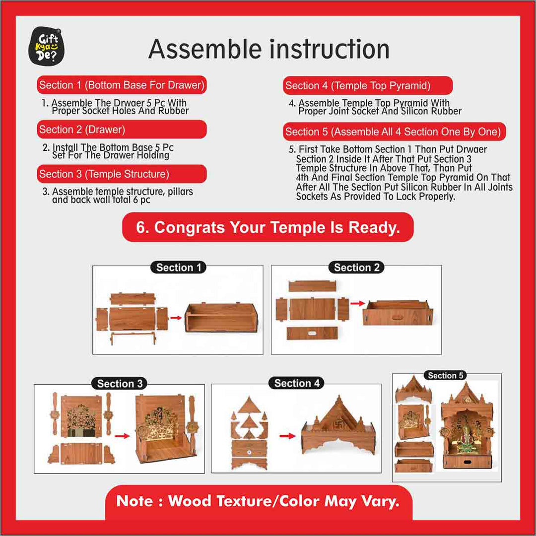 Gift Kya De Wooden Temple For Home & Office | Premium 3D Golden Cutwork Design | Mandir With Storage Drawer (DIY)