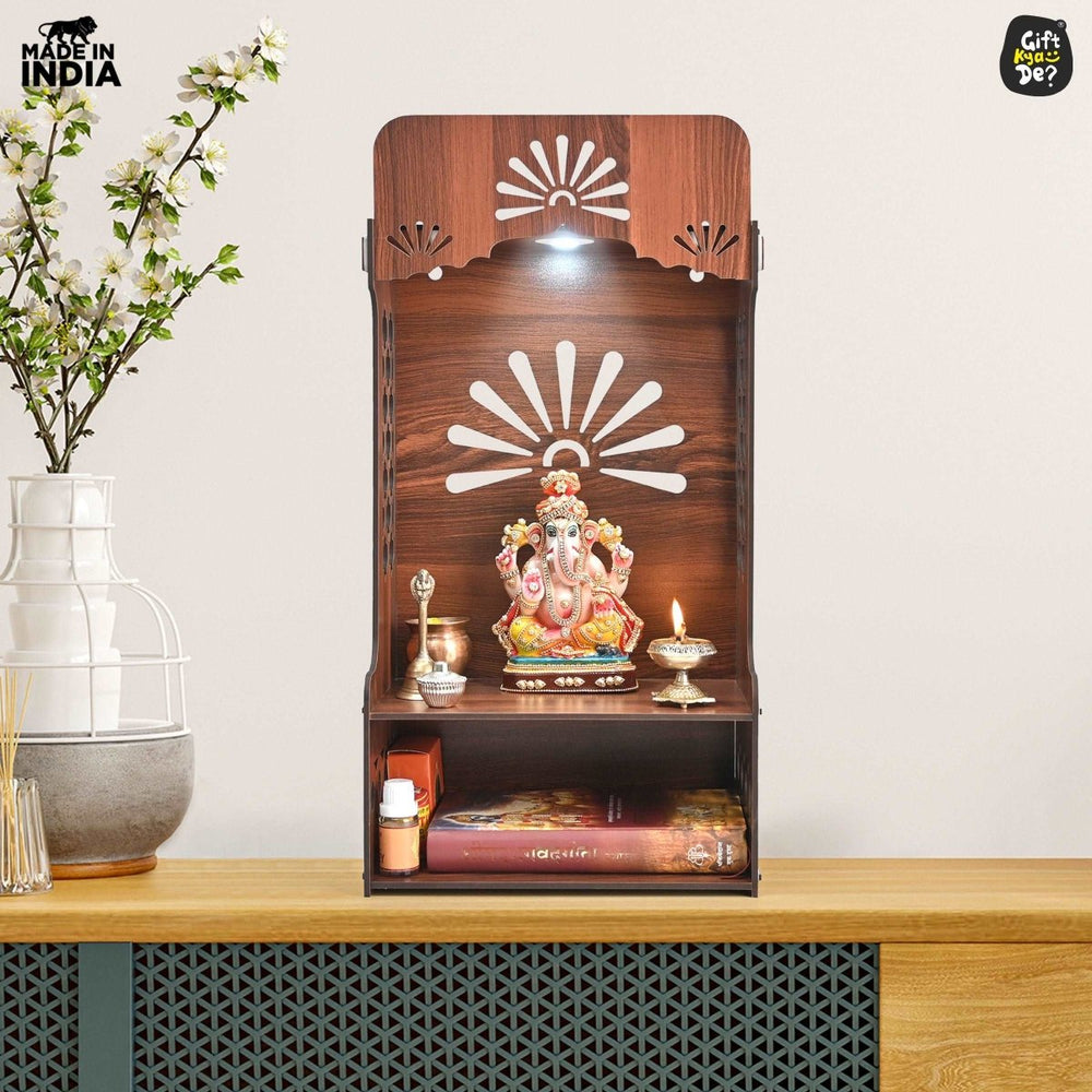 Gift Kya De Wooden Temple For Home & Office | Premium 3D Cutwork Design | Mandir With LED Spot Light & Storage (DIY)