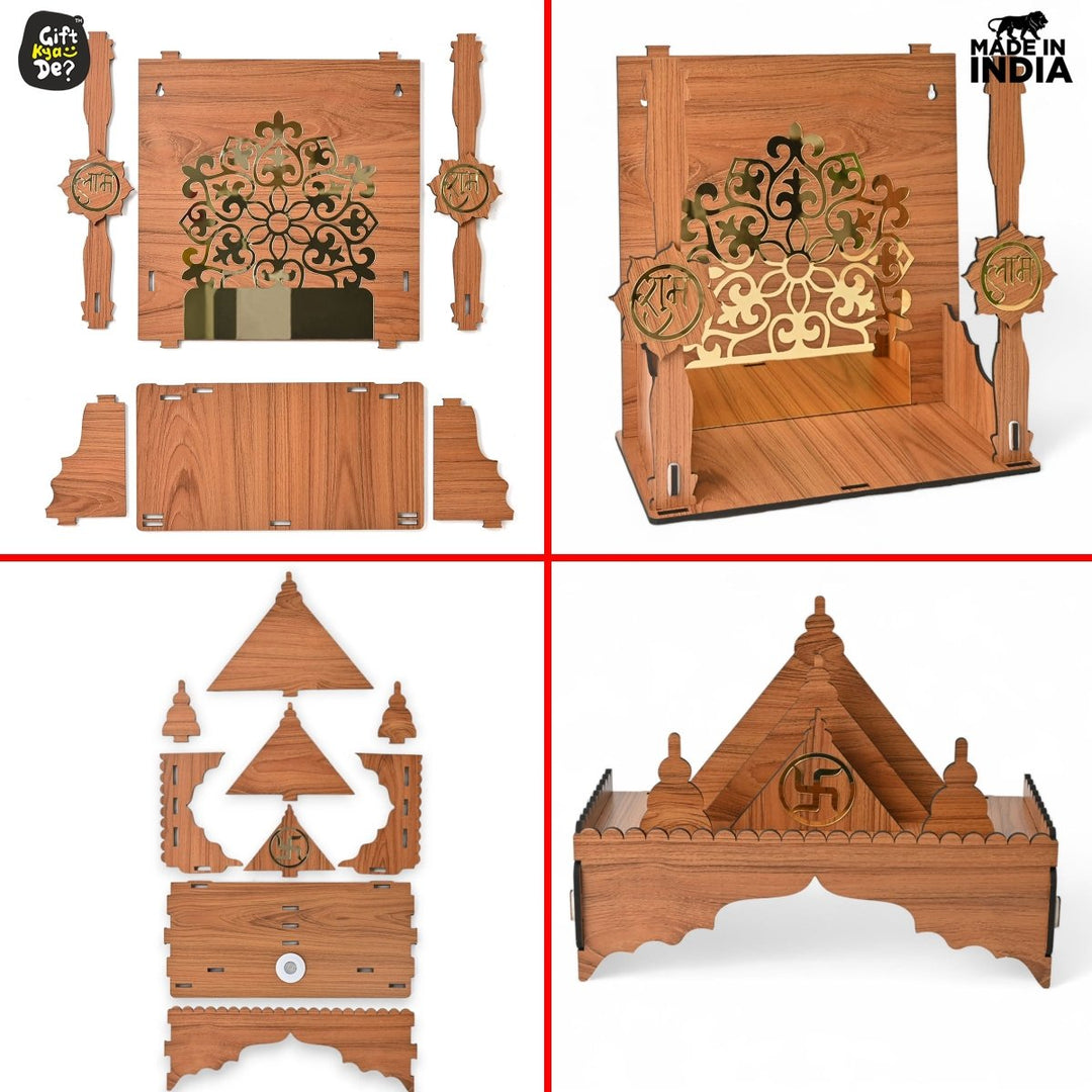 Gift Kya De Wooden Temple For Home & Office | Premium 3D Golden Cutwork Design | Mandir With Storage Drawer (DIY)