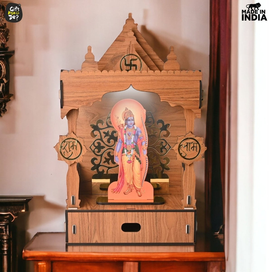 Gift Kya De Wooden Temple For Home & Office | Premium 3D Golden Cutwork Design | Mandir With Storage Drawer (DIY)