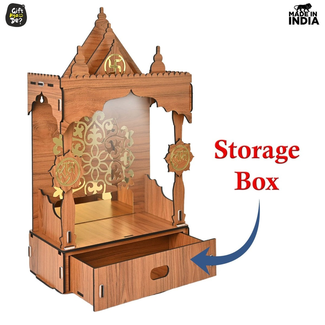 Gift Kya De Wooden Temple For Home & Office | Premium 3D Golden Cutwork Design | Mandir With Storage Drawer (DIY)