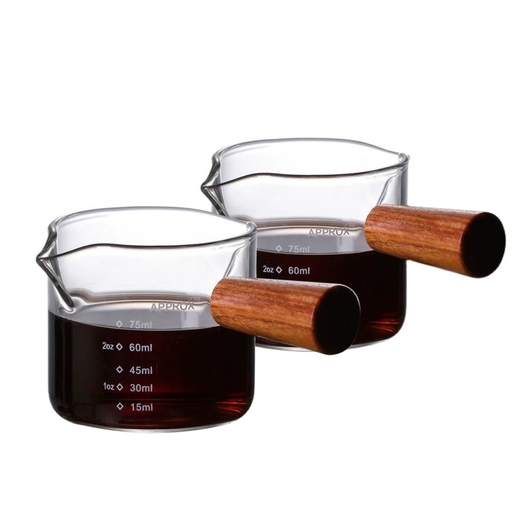 The Bean Co Roasters 75ml Measuring Glass with Wooden Handle – Heat - Resistant Borosilicate Glass | For Espresso, Coffee, and Kitchen Use - Suspire
