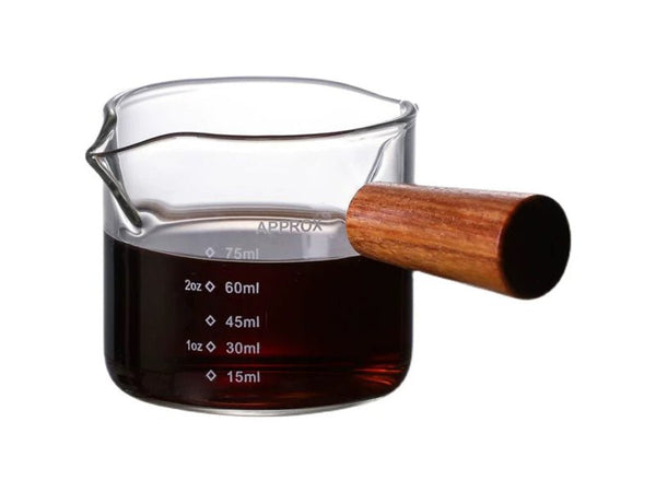 The Bean Co Roasters 75ml Measuring Glass with Wooden Handle – Heat-Resistant Borosilicate Glass | For Espresso, Coffee, and Kitchen Use