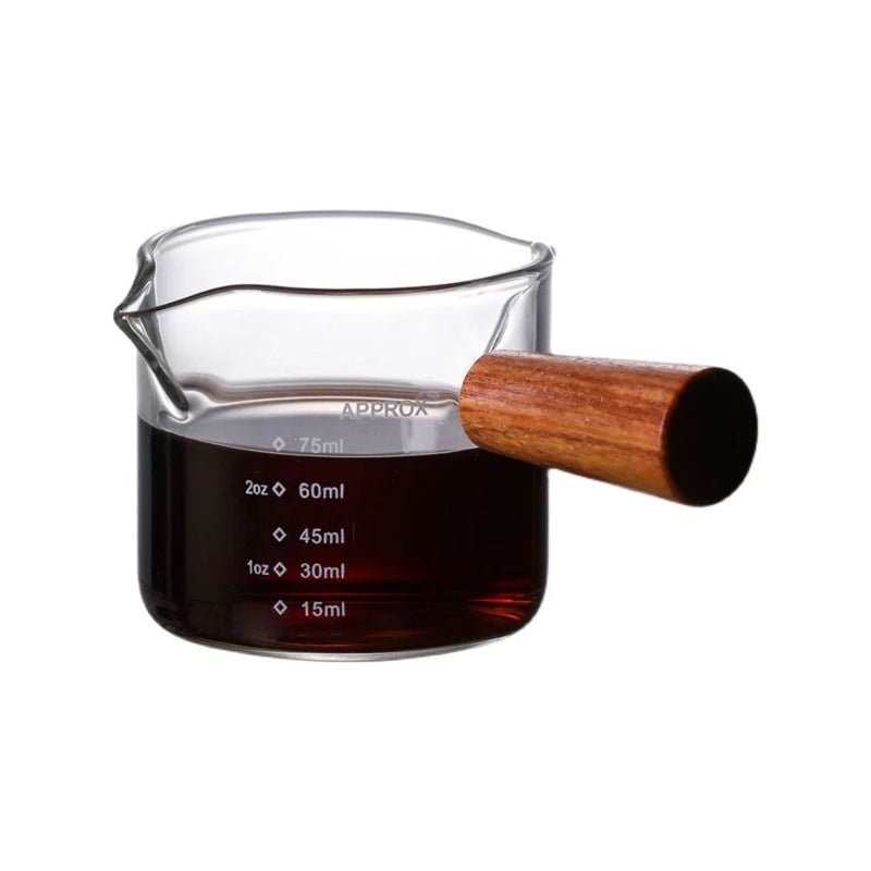The Bean Co Roasters 75ml Measuring Glass with Wooden Handle – Heat - Resistant Borosilicate Glass | For Espresso, Coffee, and Kitchen Use - Suspire