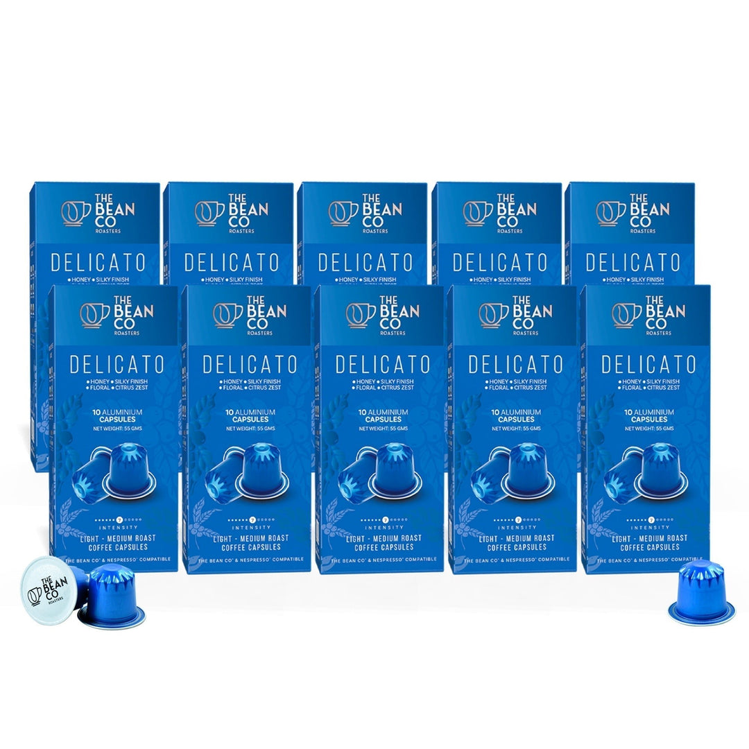 The Bean Co Roasters Delicato Aluminium Coffee Capsules | Intensity 7 | Smooth & Delicate | Light to Medium Roast | 100% Premium Arabica - Suspire