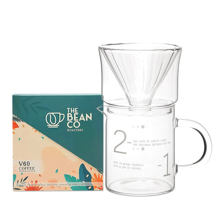 The Bean Co Roasters Double - Walled Glass Coffee Dripper with 450ml Glass Carafe + V60 Paper Coffee Filters (50 pcs) | Barista - Style Home Brewing | Combo Pack - Suspire