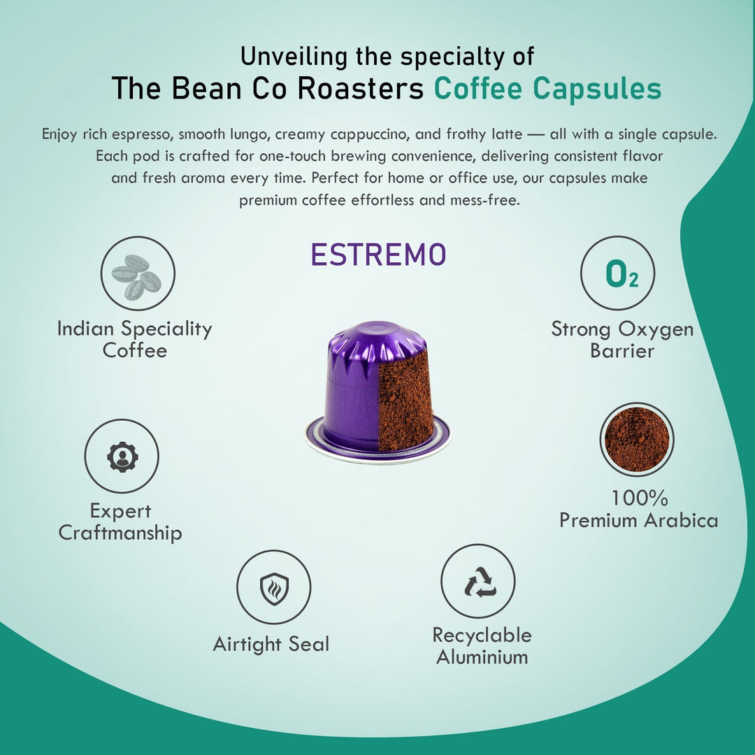 The Bean Co Roasters Estremo Aluminium Coffee Capsules | Intensity 10 | Intense & Rich | Dark Roast | 100% Premium Arabica - Suspire