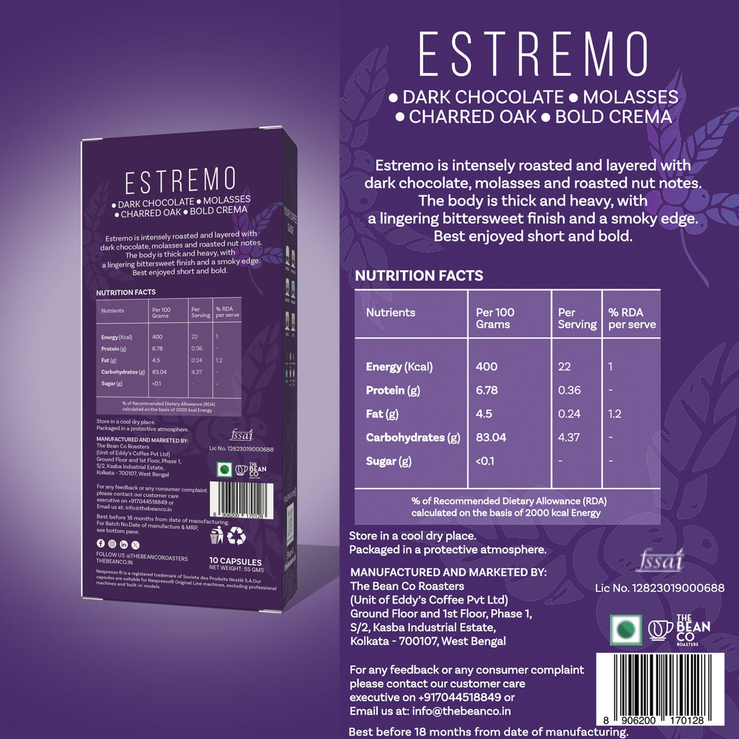 The Bean Co Roasters Estremo Aluminium Coffee Capsules | Intensity 10 | Intense & Rich | Dark Roast | 100% Premium Arabica - Suspire