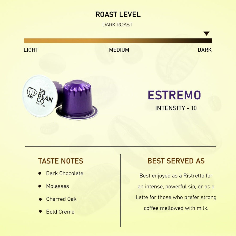 The Bean Co Roasters Estremo Aluminium Coffee Capsules | Intensity 10 | Intense & Rich | Dark Roast | 100% Premium Arabica