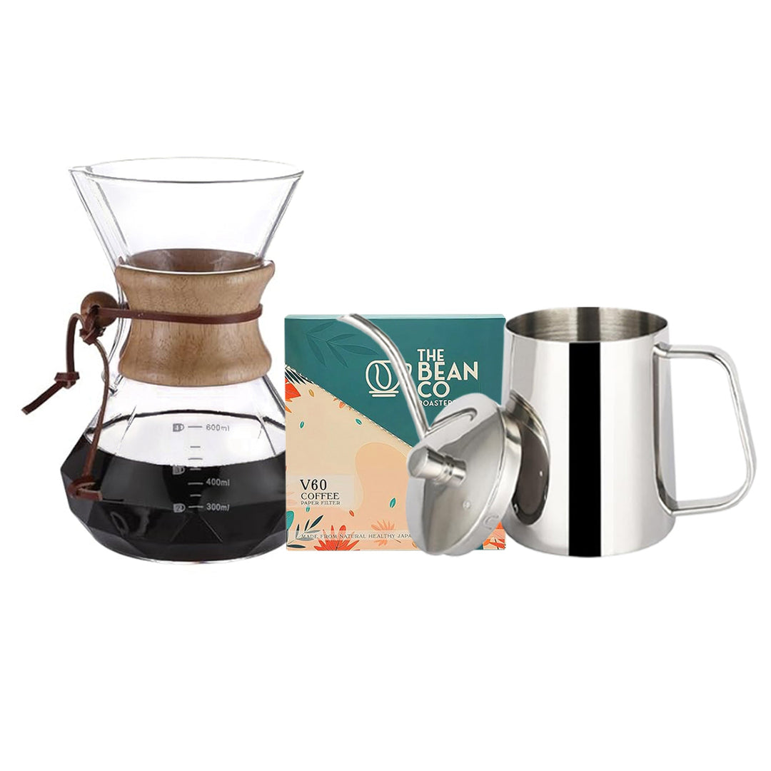 The Bean Co Roasters Glass Pour Over Chemex Style Drip Coffee Maker with 600ml Diamond Shape & Wooden Holder + Gooseneck Drip 600ml Coffee Pot for Pour Over Coffee Maker + V60 Paper Coffee Filters (50 pcs) | Barista - Style Home Brewing | Combo Pack - Suspire