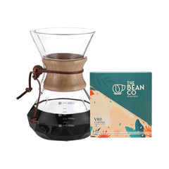 The Bean Co Roasters Glass Pour Over Chemex Style Drip Coffee Maker with 600ml Diamond Shape & Wooden Holder + V60 Paper Coffee Filters (50 pcs) | Barista-Style Home Brewing | Combo Pack