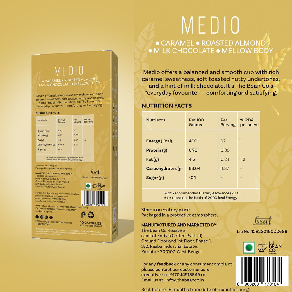The Bean Co Roasters Medio Aluminium Coffee Capsules | Intensity 8 | Balanced & Nutty | Medium Roast | 100% Premium Arabica