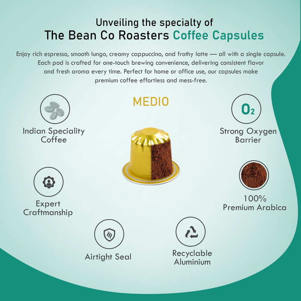 The Bean Co Roasters Medio Aluminium Coffee Capsules | Intensity 8 | Balanced & Nutty | Medium Roast | 100% Premium Arabica
