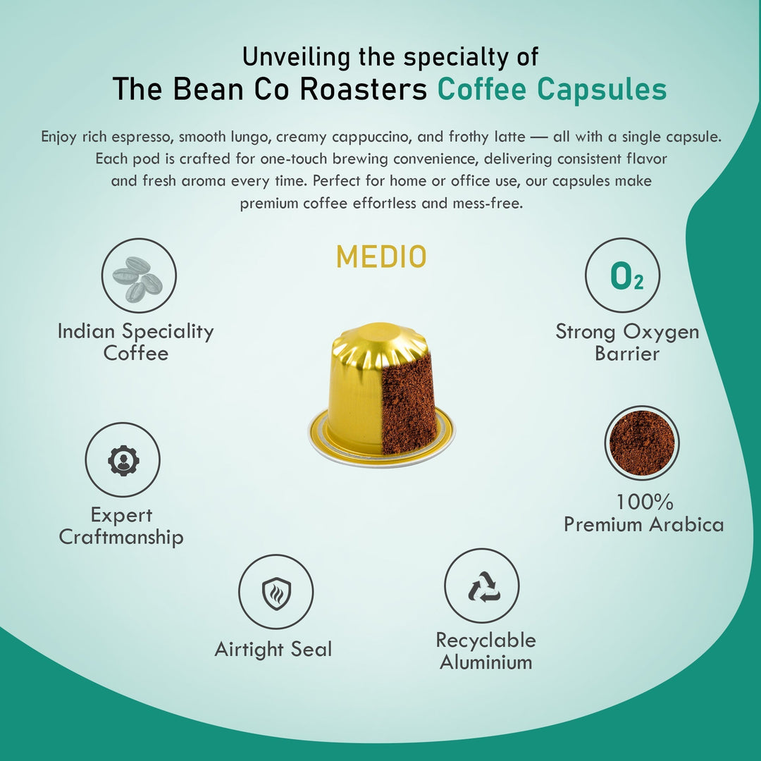 The Bean Co Roasters Medio Aluminium Coffee Capsules | Intensity 8 | Balanced & Nutty | Medium Roast | 100% Premium Arabica - Suspire