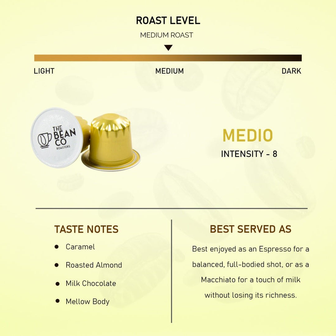 The Bean Co Roasters Medio Aluminium Coffee Capsules | Intensity 8 | Balanced & Nutty | Medium Roast | 100% Premium Arabica - Suspire