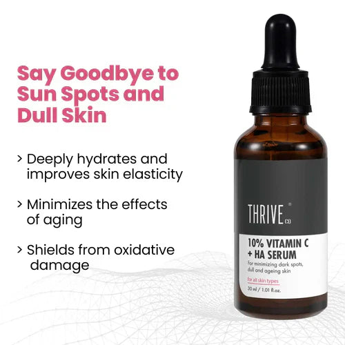 Thriveco 10% Vitamin C+ Hyaluronic Acid Serum | Hydrates & Brightens | Non Sticky Non Fragrance | Men & Women | 30ml