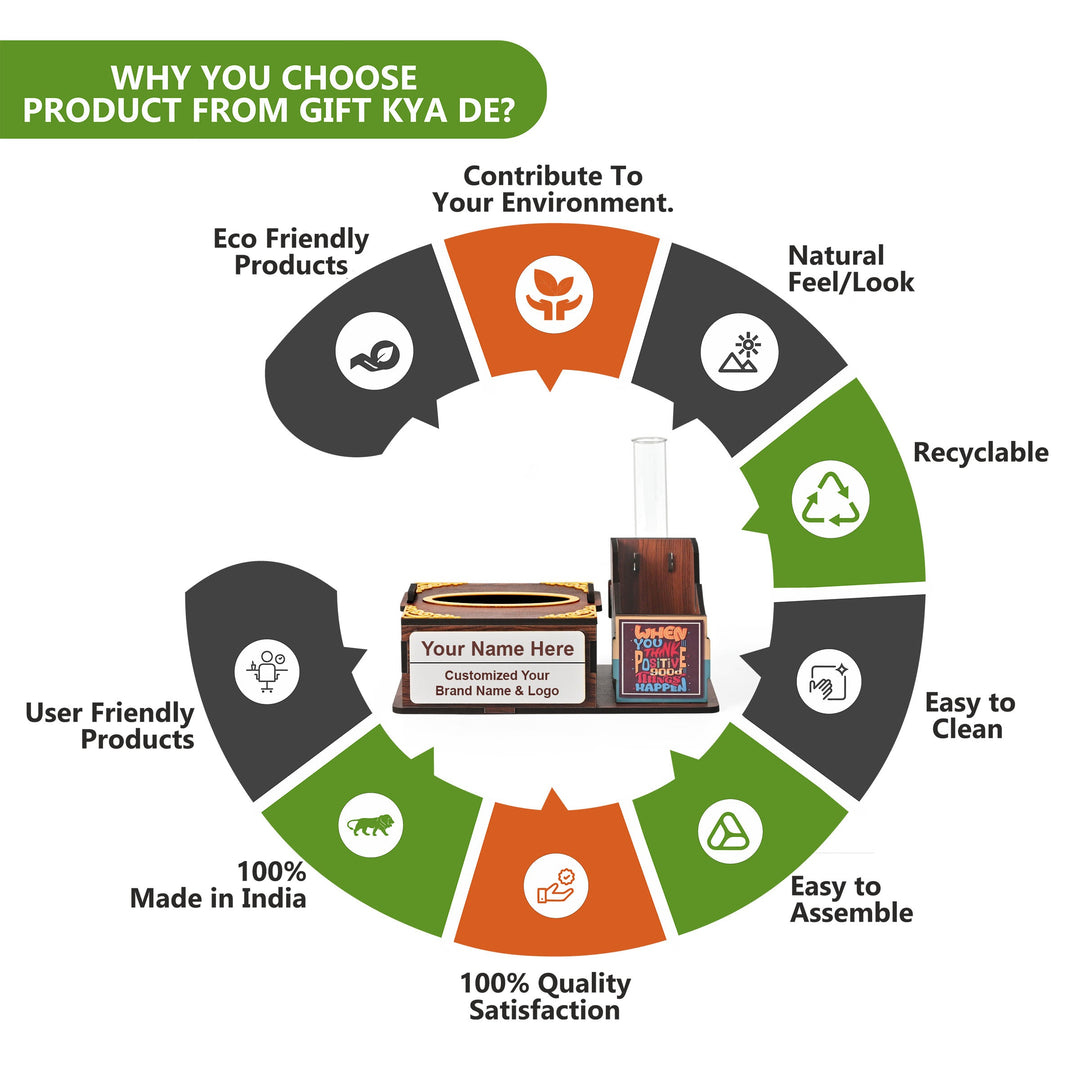 Gift Kya De Wooden Desk Organizer with Tissue Holder and Test Tube Planter, Multipurpose Office and Home Desk Accessory – Customizable with Name and Logo