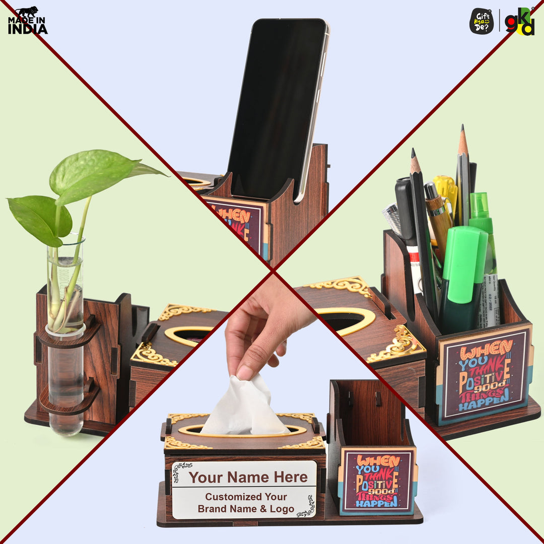 Gift Kya De Wooden Desk Organizer with Tissue Holder and Test Tube Planter, Multipurpose Office and Home Desk Accessory – Customizable with Name and Logo