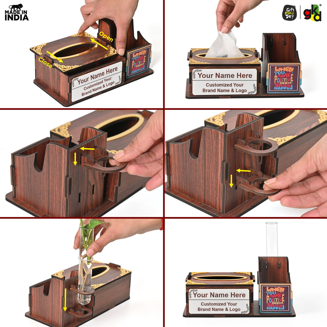 Gift Kya De Wooden Desk Organizer with Tissue Holder and Test Tube Planter, Multipurpose Office and Home Desk Accessory – Customizable with Name and Logo