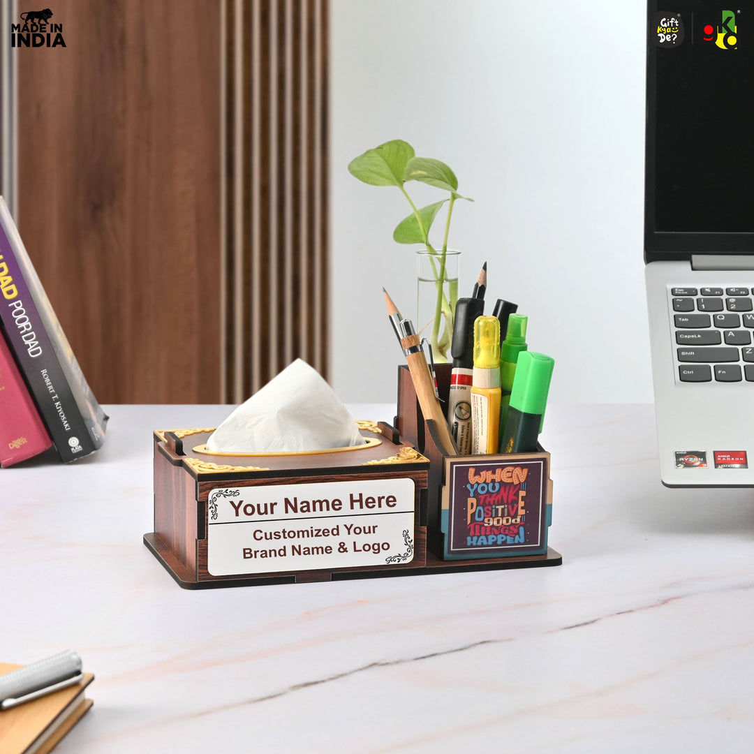 Gift Kya De Wooden Desk Organizer with Tissue Holder and Test Tube Planter, Multipurpose Office and Home Desk Accessory – Customizable with Name and Logo
